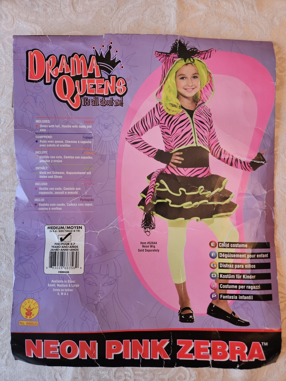 Rubie's Pink Zebra Hoodie Costume with Black Dress, Lime Trim, Retro, 80s, NWT